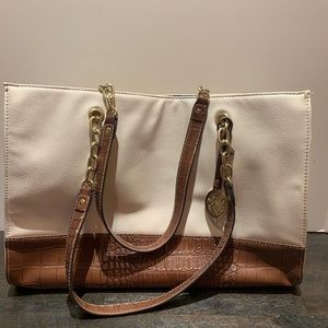 White/Brown Faux Leather Shoulder Tote